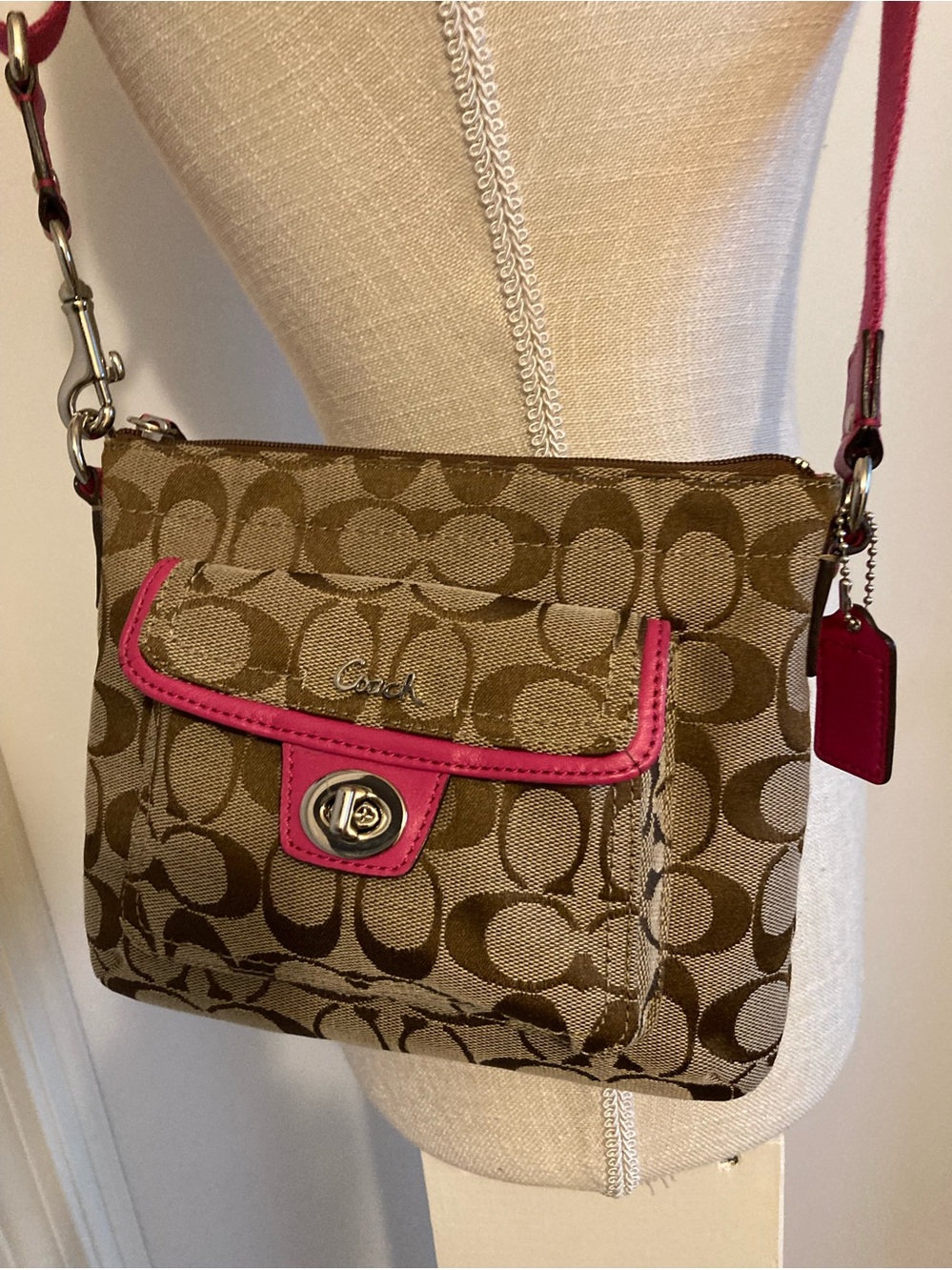 Coach Brown Signature Canvas Crossbody with Pink Strap - Picture 2 of 6